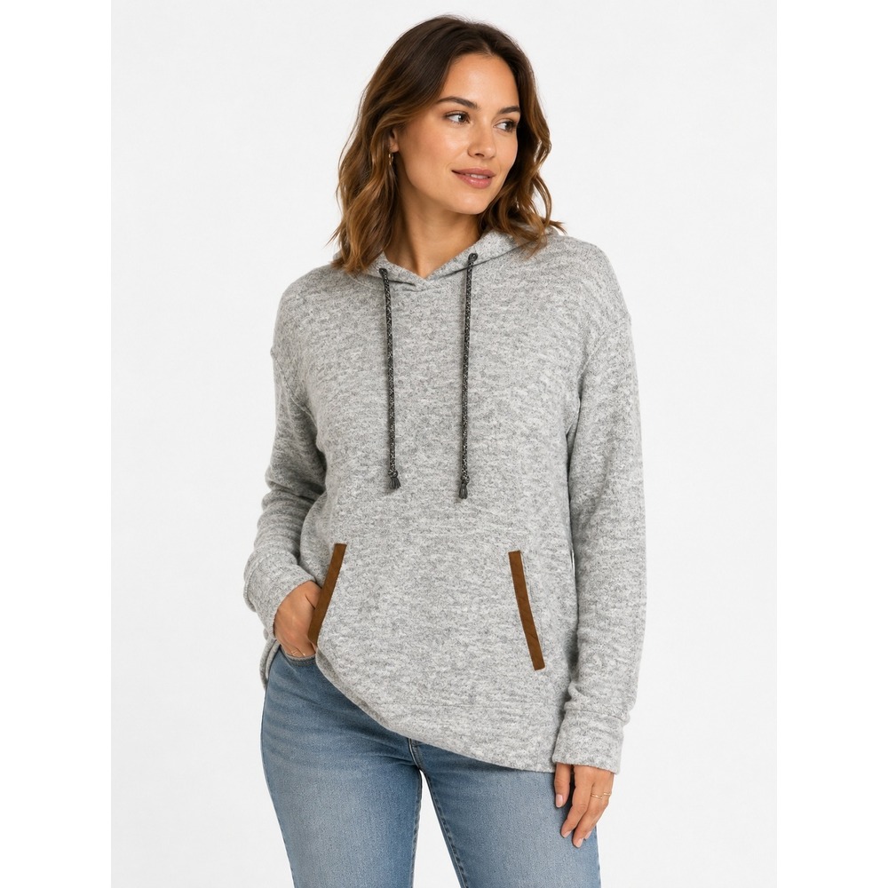 Marled Knit Pullover Hoodie M Gray Brown Trim Braided Drawstring Cabincore Koto
